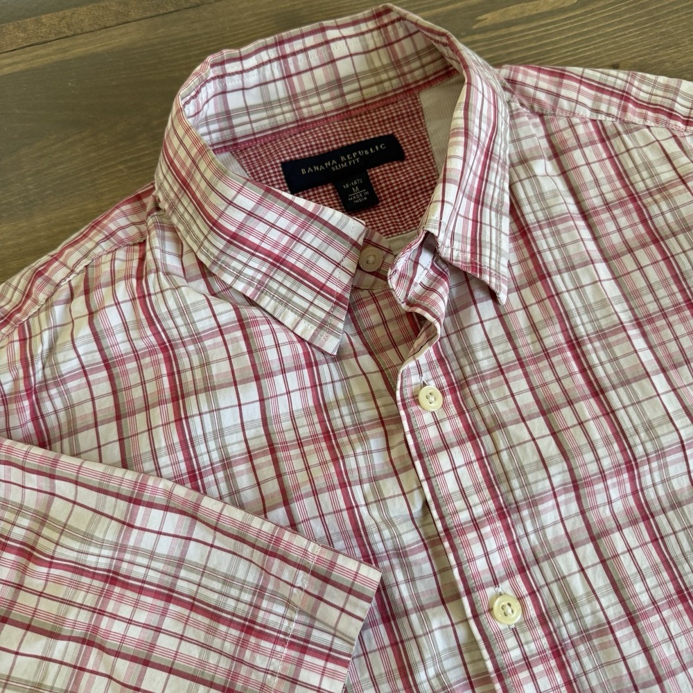 Banana Republic Men's Medium Slim Fit Plaid Short Sleeve Button Up Shirt Collar